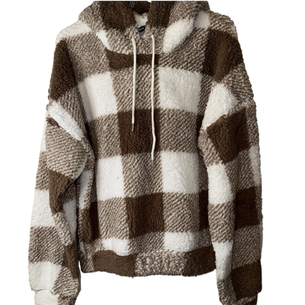 SHEIN Plush Plaid Teddy Drawstring Hoodie Brown/White